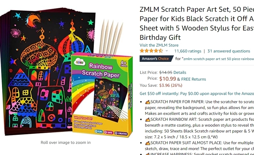 ZMLM Scratch Paper Art Set, 50 Piece Rainbow Magic Scratch Paper for Kids Black Scratch It Off Art Crafts Notes Boards Sheet with 5 Wooden Stylus for